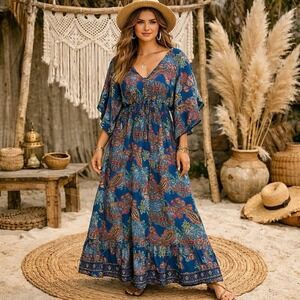 Anthropology Boemo Sz Medium Floral Tiered Maxi Dress Hippie Paisley Artsy Blue